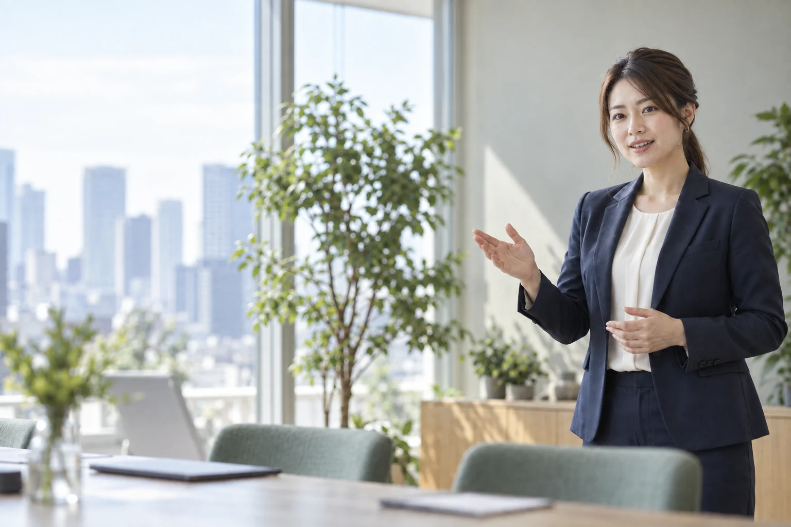 明るいオフィスで説明する女性講師のイメージ
